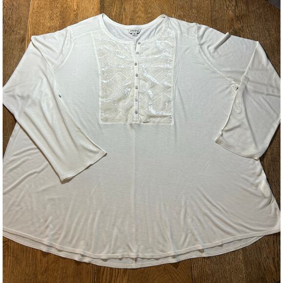 Lucky Brand Cream Velvet Bib Henley Top Geometric Holiday Elegant Sz 3X - Picture 1 of 11